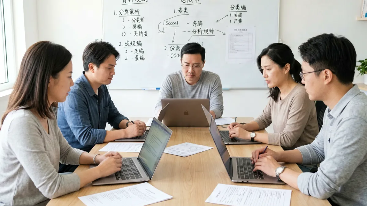 啪啪视频团队日常工作场景，多人围坐讨论内容筛选标准与平台规则制定