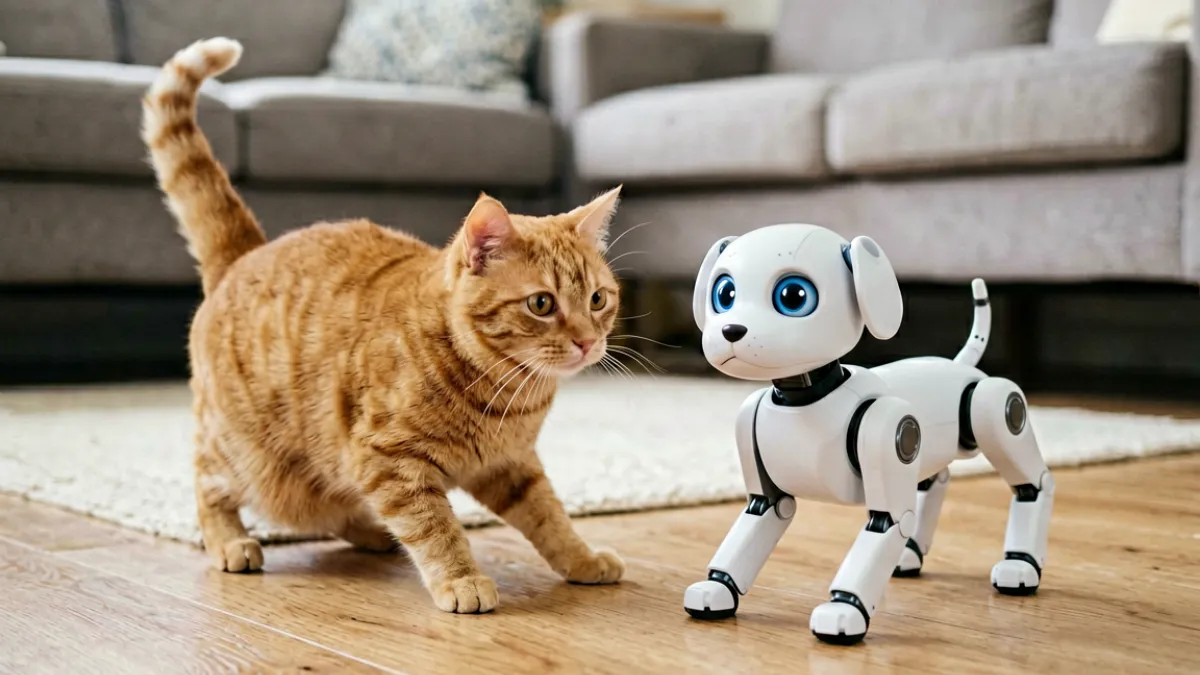 啪啪视频上宠物猫咪与机械狗同框互动的搞笑短视频截图，背景是家庭客厅