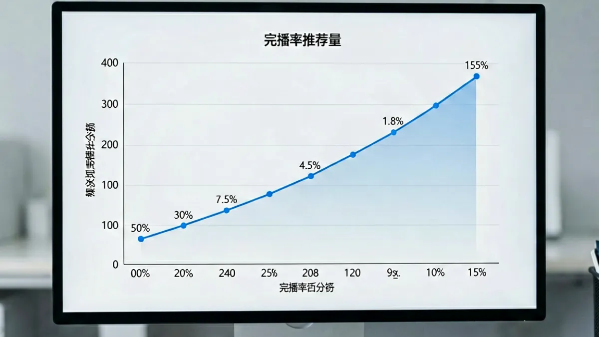 啪啪视频平台算法调整说明示意图，展示完播率与推荐量关系的数据可视化图表